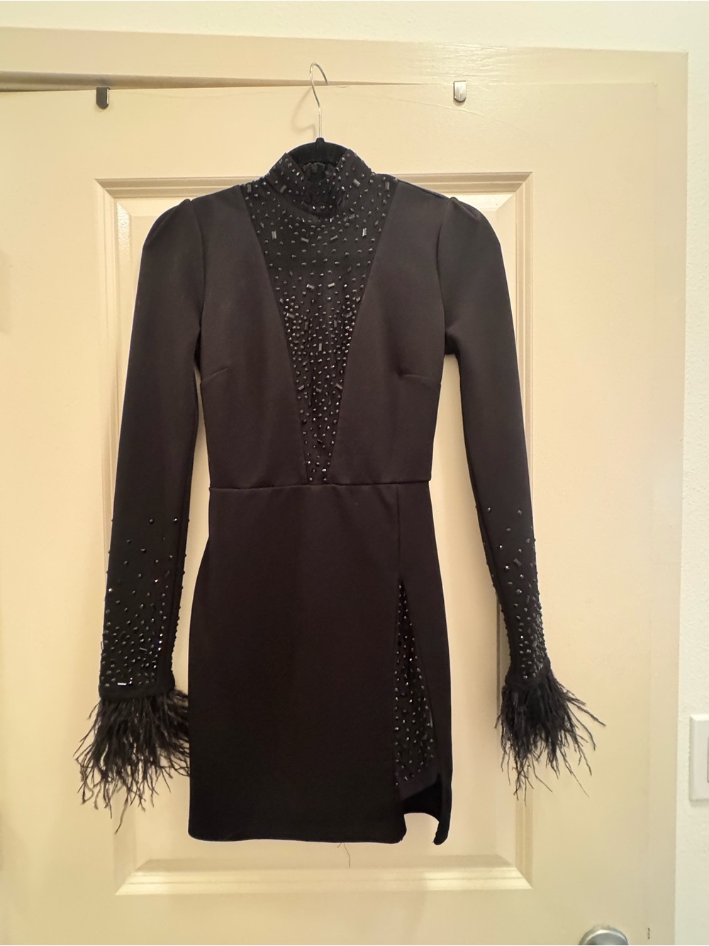 New years Black Embellished Feather Cuff Long-Sleeve Mini Dress